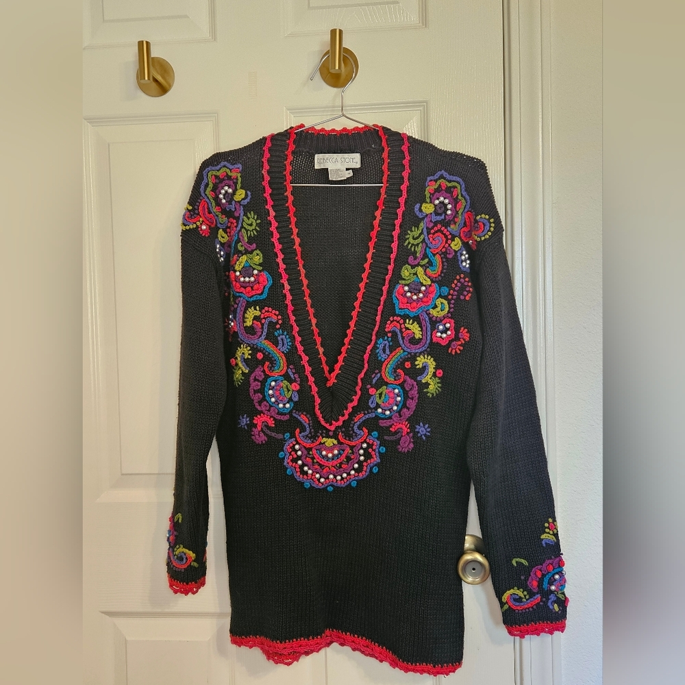 Vintage Crewel Embroidered Knit Sweater
